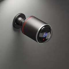 Modern Security Camera Mounted on Wall with Red Indicator Light Dark Background