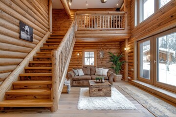 Wooden staircase in scandinavian rustic style interior design of modern entrance hall, Generative AI