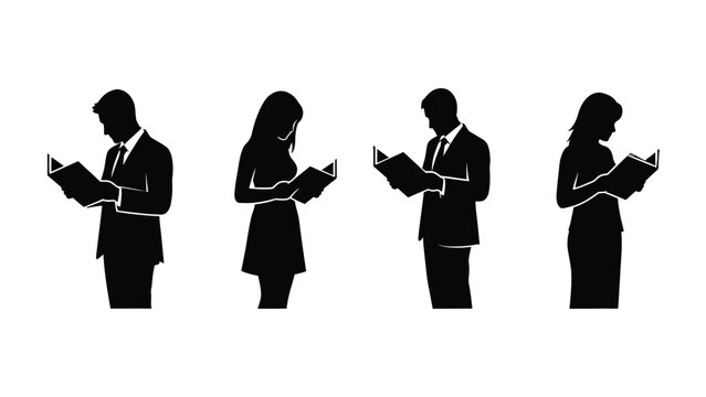 Silhouettes of people reading books, representing education, knowledge and learning