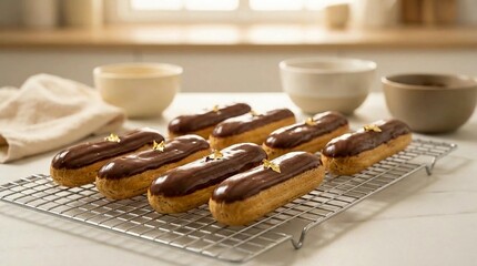 Chocolate eclairs cooling on a wire rack in kitchen