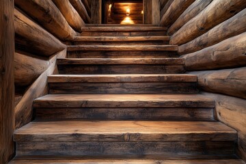 Wooden staircase in scandinavian rustic style interior design of modern entrance hall, Generative AI