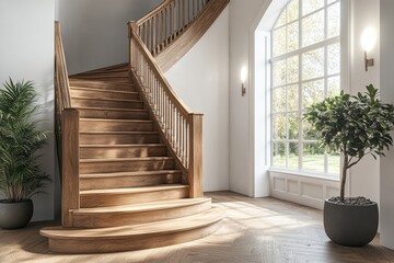 Wooden staircase in scandinavian rustic style interior design of modern entrance hall, Generative AI