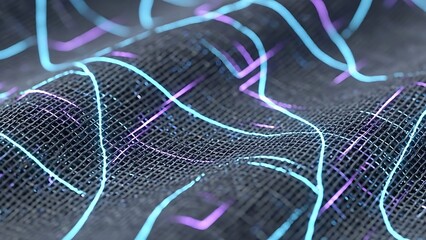 &ldquo;flowing neon mesh waves forming digital curvature surface, glowing cyber lines, futuristic sci-fi movement texture, smooth abstract energy field&rdquo;
