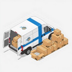 Delivery Van with Open Doors and Stacked Cardboard Boxes Logistics 3D Isometric