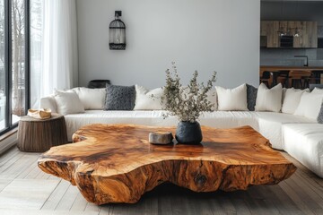 Live edge wooden coffee table near corner sofa. Interior design of modern living room in farmhouse, Generative AI