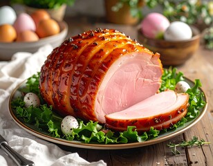 Delicious glazed ham, traditional easter centerpiece, served with fresh lettuce