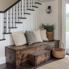 Wooden bench and steps. Farmhouse interior design of modern entryway, Generative AI