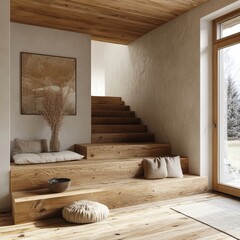 Wooden bench and steps. Farmhouse interior design of modern entryway, Generative AI
