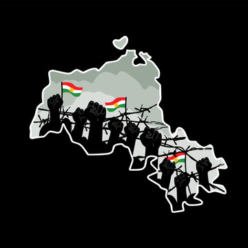 Hands Up Silhouette in Kurdistan Map with Flag Perfect for Print, Apparel, Sticker, etc