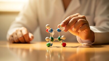 Scientist examines molecular structure model in laboratory