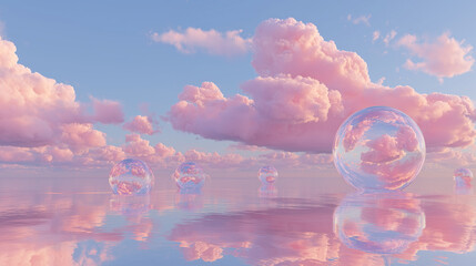 Dreamy pink clouds with floating bubbles fantasy scene