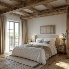 French country interior design of modern bedroom in farmhouse, Generative AI