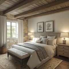French country interior design of modern bedroom in farmhouse, Generative AI