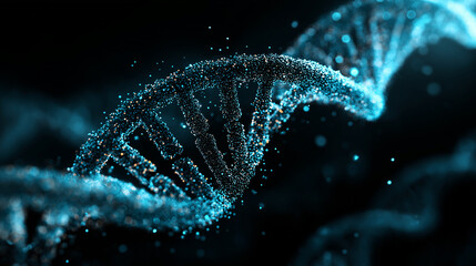 Futuristic DNA strand with bright particle effects