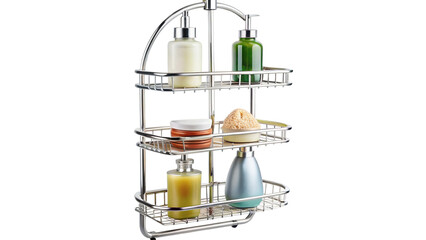 Stainless steel three-tier shower caddy holding bath products.