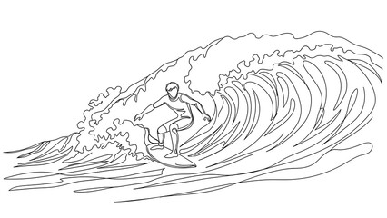 Surfer riding a massive detailed wave in a line art drawing