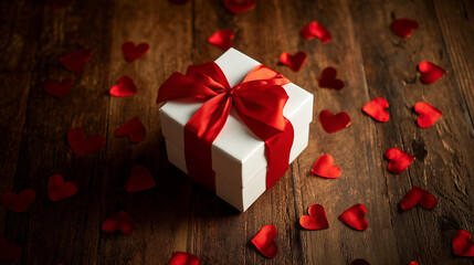 Romantic red gift box with flying heart decorations