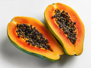 Ripe papaya cut open showing juicy orange flesh