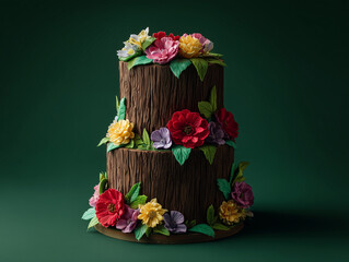 Rustic nature cake decorated with colorful flowers