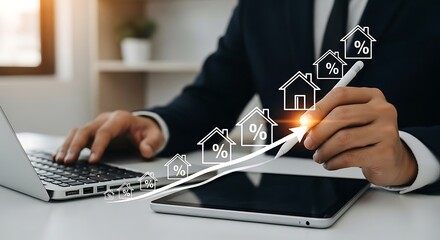 Businessman analyzing the upward trend of real estate investment and property value