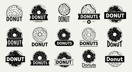 Collection of black and white donut logos ideal for branding a pastry shop or bakery