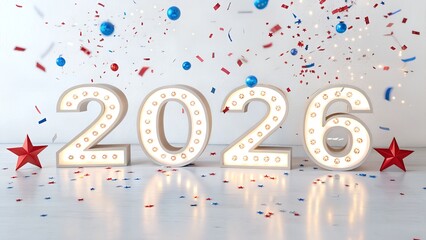 . The entire scene is set against a clean white background, with a shower of red, white, and blue confetti scattered around, enhancing the patriotic and celebratory mood. The overall design is vibrant