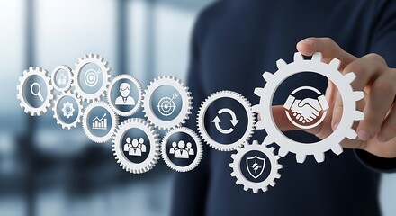 Hand holding a gear with handshake icon, illustrating business process integration and collaborative solutions