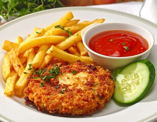 Delicious schnitzel with golden french fries, tomato sauce and fresh cucumber slice