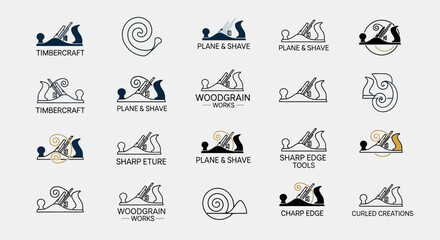 Collection of creative woodworking and carpentry logo designs with plane tools