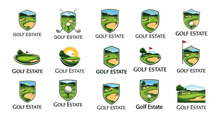 Collection of diverse vector golf course logos and design elements for branding