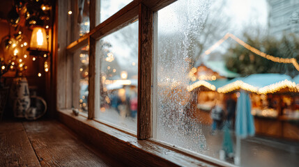 Warm and inviting window scene with raindrops, showcasing a vibrant Christmas market filled with lights and holiday cheer