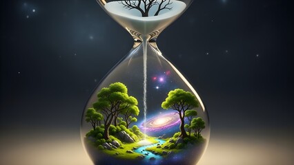 Hourglass of Time: A mesmerizing view of the cycle of life within a delicate hourglass, where time is captured within the glass as a reflection of nature's beauty and the passage of epochs.