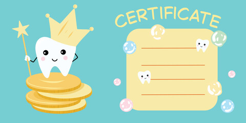 Tooth reward certificate, gold coin. Dental achievement certificate, kids prize. Pediatric tooth award, printable certificate