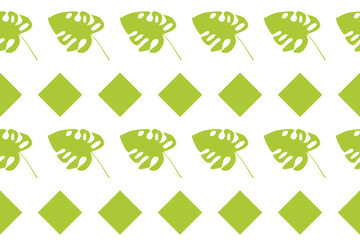 Obraz premium Seamless tropical pattern featuring green monstera leaves and matching green diamond shapes, perfect for fabric, packaging, wallpaper, and modern decorative design projects.