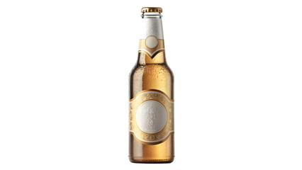 A luxury glass beer bottle with a cap, isolated on a white background, containing an alcoholic liquid beverage
