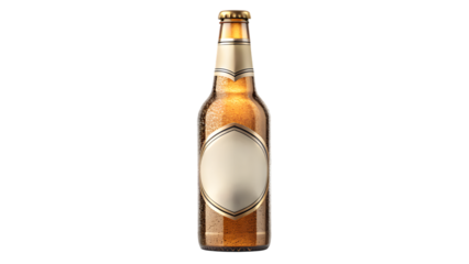 A luxury glass beer bottle with a cap, isolated on a white background, containing an alcoholic liquid beverage