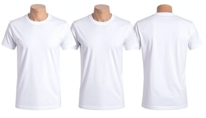 Front, side, and back views of a plain white, short-sleeved t-shirt on a mannequin