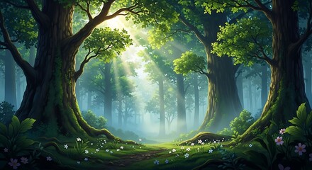 Forest with sun rays illuminating a woodland path