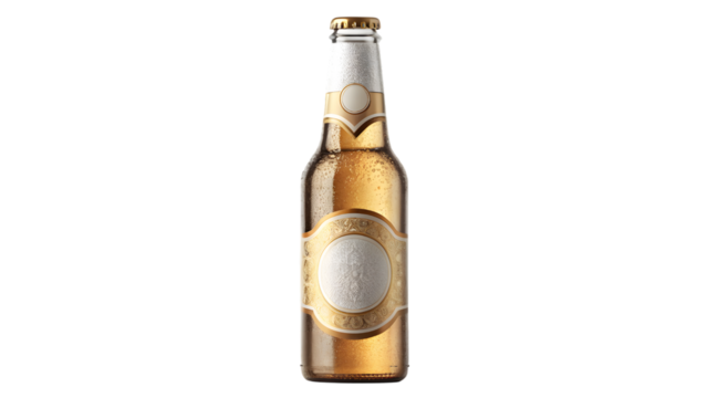 A luxury glass beer bottle with a cap, isolated on a white background, containing an alcoholic liquid beverage
