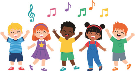 Cheerful vector of five diverse cartoon children dancing and singing with colorful music notes surrounding