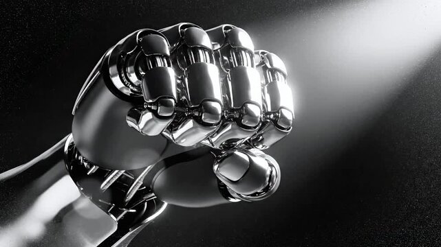 A chrome robot hand clenched into a fist, with light shining, against a textured black background