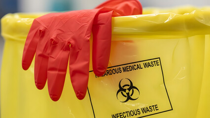 Red glove rests on yellow biohazard container at medical facility for safety