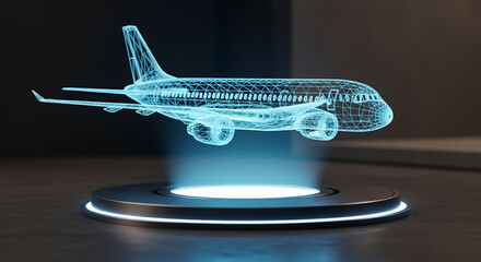 Floating Holographic Airplane Wireframe Above Glowing Platform