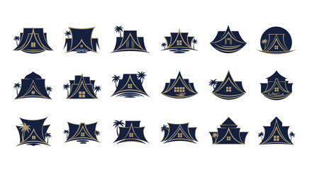 Collection of minimalist luxury beach resort and tropical villa logo designs featuring palm trees