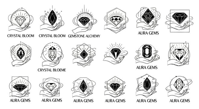 Collection of minimalist hand-drawn gemstone and crystal logos for brand identity design