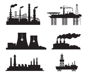 Industrial Factory Silhouettes, Power Plants, Oil Rigs, and Manufacturing Industry Icons.