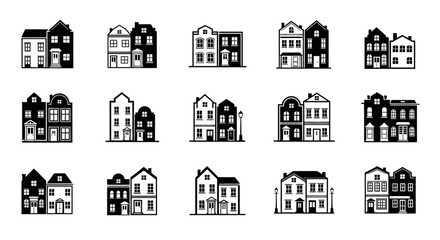 Collection of minimalistic monochrome illustrations of various historical houses and buildings