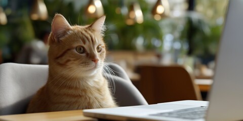 Curious ginger cat observing a laptop in cozy modern café