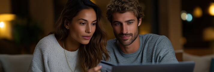Caucasian young couple online shopping with laptop at home in evening