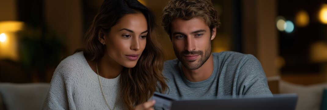 Caucasian young couple online shopping with laptop at home in evening